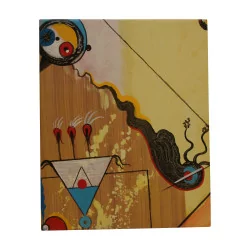 Tableau de décoration dans l'esprit de Miro, peint sur cuir, …