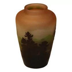 Vase in glass paste signed Gallé “Mountain and trees” cut …