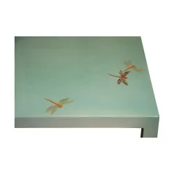 square living room table in green lacquer with dragonfly decor...