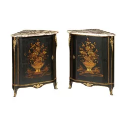 Pair of Louis XV corner cupboards, with black Chinese lacquer and …