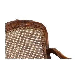 Louis XV Regency walnut lounge armchair, flat back, caned