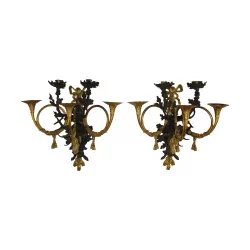 Pair of “Deer” 5-light sconces in chiseled gilded bronze and …