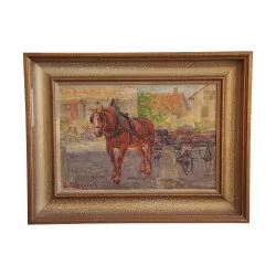 Oil painting on wood “Horse in the old town of Geneva”, …