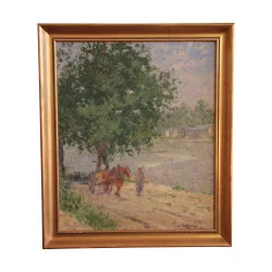 Tableau huile sur toile “Cheval au bord de l'Arve à Genève”, …