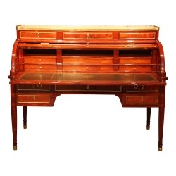 Bureau cylindre Louis XVI en acajou avec cuir vert empire. …