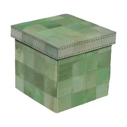 foldable pouf-chest in cowhide, green “checkerboard” effect …