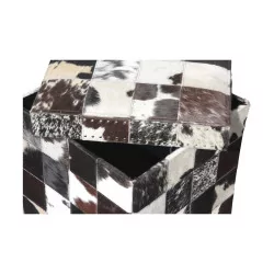 foldable pouf-chest in cowhide, black “checkerboard” effect …