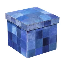 foldable pouf-chest in cowhide, blue “checkerboard” effect …