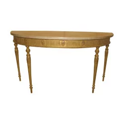 Half-moon console with 4 legs, gold with white top.