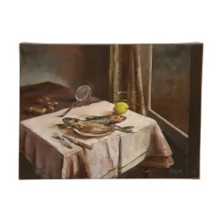 Painting, still life “the fisherman’s table”, signed Fatio …
