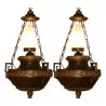 Paire de lustres, flambeaux suspendus en forme d’urnes en bois - Moinat - Lustres, Plafonniers