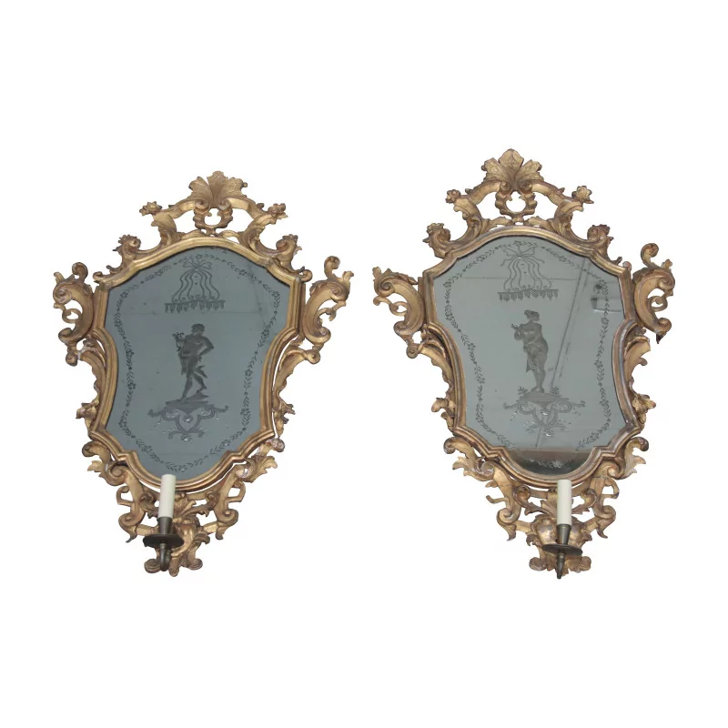 Paire de miroirs Vénitien avec bougeoirs dans le centre en … - Moinat - Glaces, Miroirs