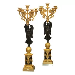 Pair of Empire “Winged Women” candlesticks, in chased bronze and …