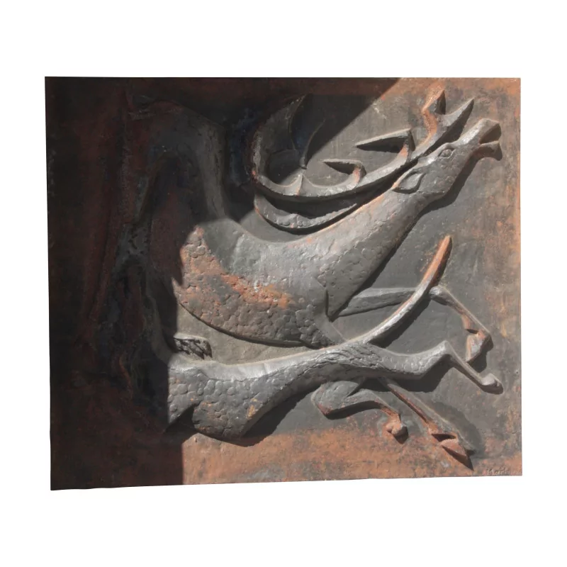 Plaque de cheminée moderne “Cerf & chien” en fonte, de belle … - Moinat - Plaques de cheminée