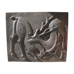 modern “Fighting deer” fireback in cast iron, …