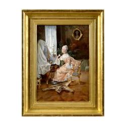 Gemälde, Öl auf Holz, \"Junge elegante Frau auf der Toilette\", signiert …