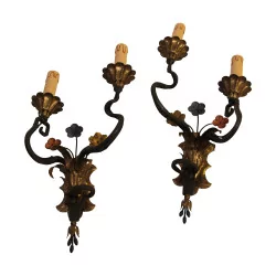Pair of wrought iron 2-light wall lights with flower decor …
