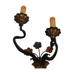 Pair of wrought iron 2-light wall lights with flower decor …