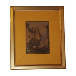 painting in watercolor on paper pasted on cardboard, …