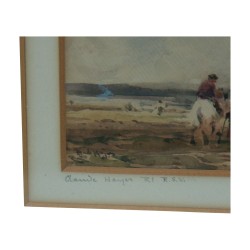 Gemälde, Aquarell auf Papier unter Glas \"Pferderitt\", …