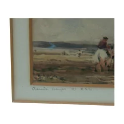 Tableau, aquarelle sur papier sous verre "Promenade à cheval", …