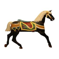 Carousel horse in black and polychrome lacquer with