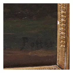 Tableau, huile sur toile “Promenade dans les sous-bois” signé …