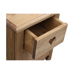 Small bedside table in fir wood with 2 heart-decor drawers.