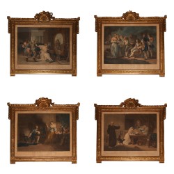 Série de 4 gravures représentant : Scène champêtre, Élégante,
