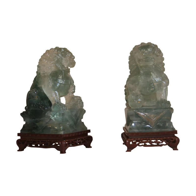 Paar geschnitzte Fluorit-Löwen, auf Originalsockel (inklusive … - Moinat - Dekorationszubehör