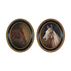 Paire de tableaux ovales “Portrait de cheval”, huile sur toile …