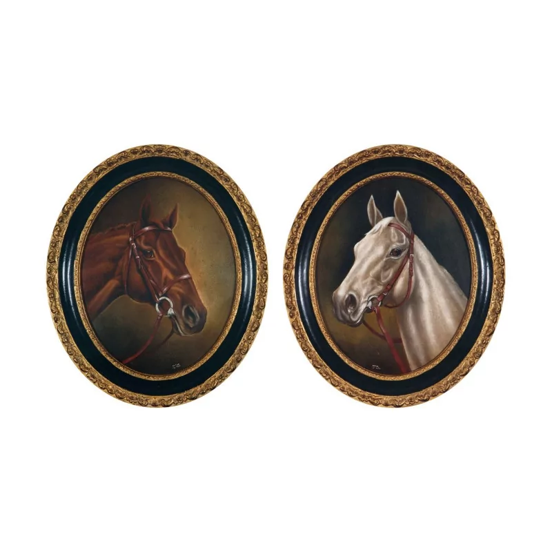 Paire de tableaux ovales “Portrait de cheval”, huile sur toile … - Moinat - Tableaux - Portrait