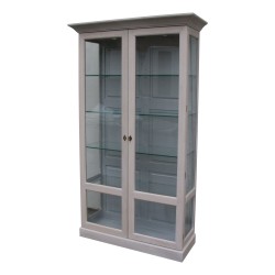 Two-door display cabinet in matte bleached oak with a silver interior,