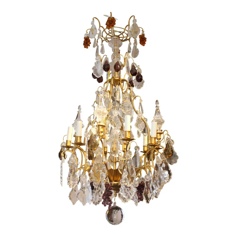 Lustre en bronze et pendeloque de cristal de couleurs, raisins … - Moinat - Lustres, Plafonniers