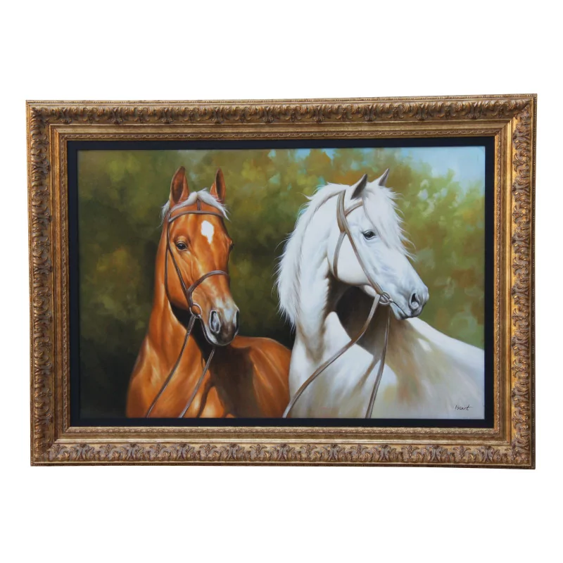 Table “Horses” with gilded wooden frame. - Moinat - Painting - Miscellaneous