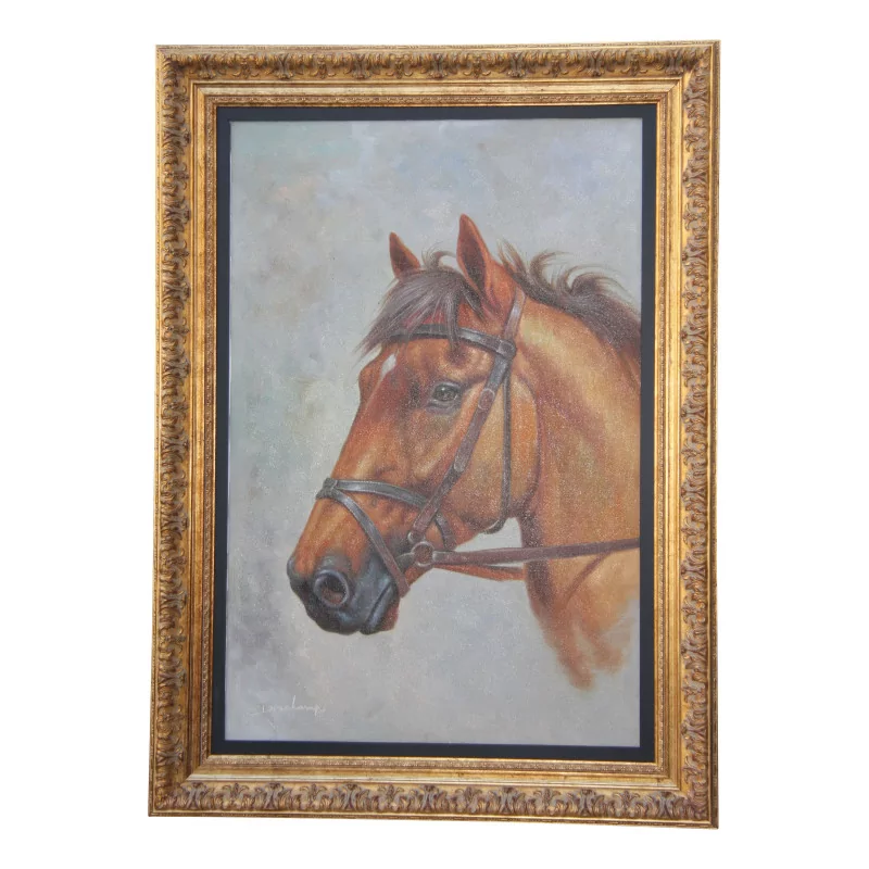“Horse” portrait painting with gilt wood frame. - Moinat - Painting - Miscellaneous