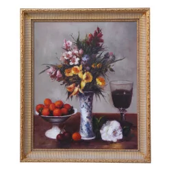 Oil painting “bouquet of flowers on table” with wooden frame …