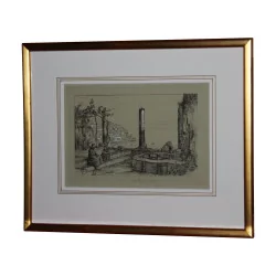 Neapolitan engraving “Naples”, under glass with wooden stick …