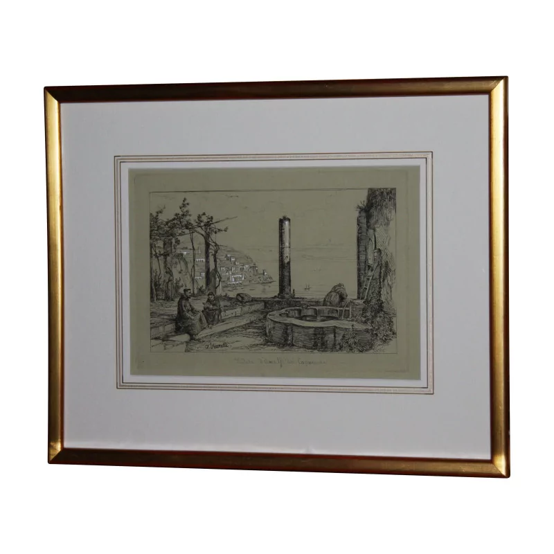 Gravure Napolitaine “Naples”, sous verre avec baguette en bois … - Moinat - VE2022/1