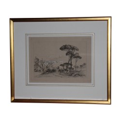 Neapolitan engraving “Naples”, under glass with wooden stick …