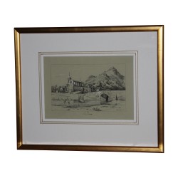 Gravure Napolitaine “Naples”, sous verre avec baguette en bois …