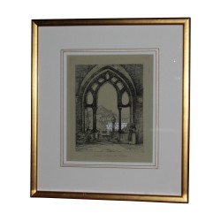 neapolitanischer Stich „Neapel“, unter Glas mit Holzstab …