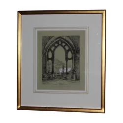 Neapolitan engraving “Naples”, under glass with wooden stick …
