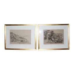 Pair of Indian ink engravings “Naples”, under glass with …