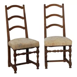 Pair of Louis XIV chairs in walnut with crosspiece backrest and …