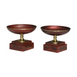 Pair of cups in enamelled sheet metal in red gold painted on …
