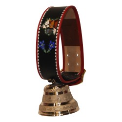 Cloche en bronze avec courroie bétail en cuir noir brodé Croix