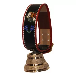 Bronze bell with black leather cattle strap embroidered Cross
