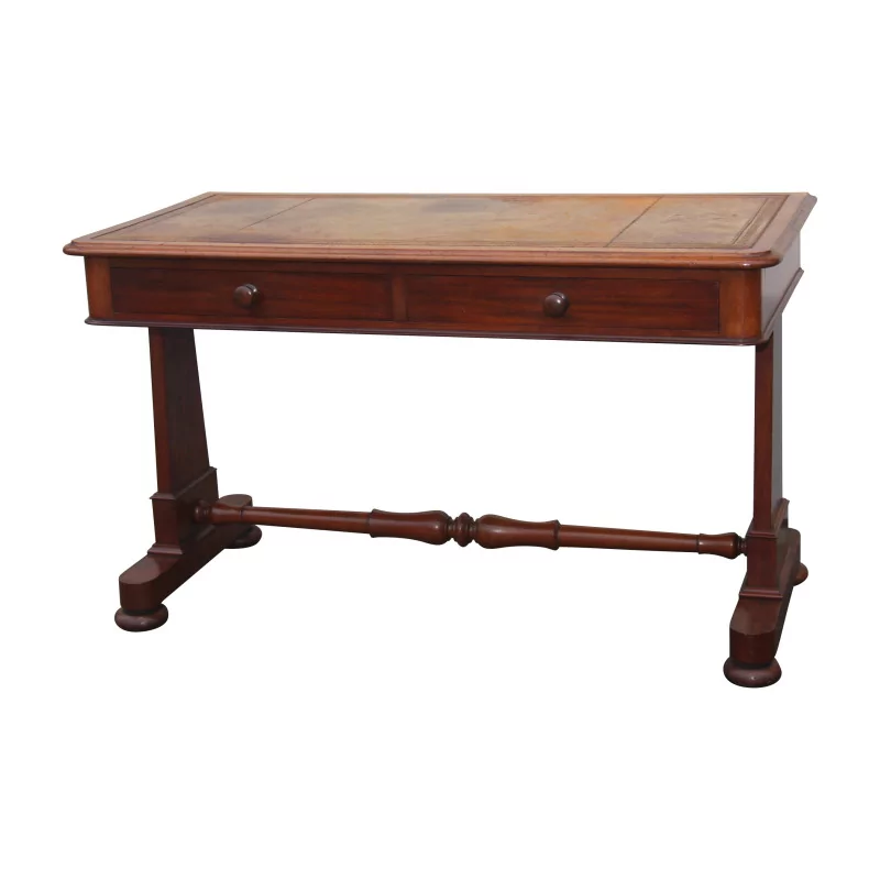 flat mahogany desk, tan leather top, 4 corners... - Moinat - Desks