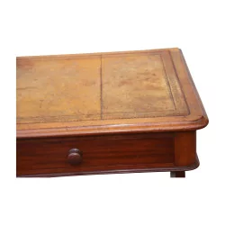 flat mahogany desk, tan leather top, 4 corners...
